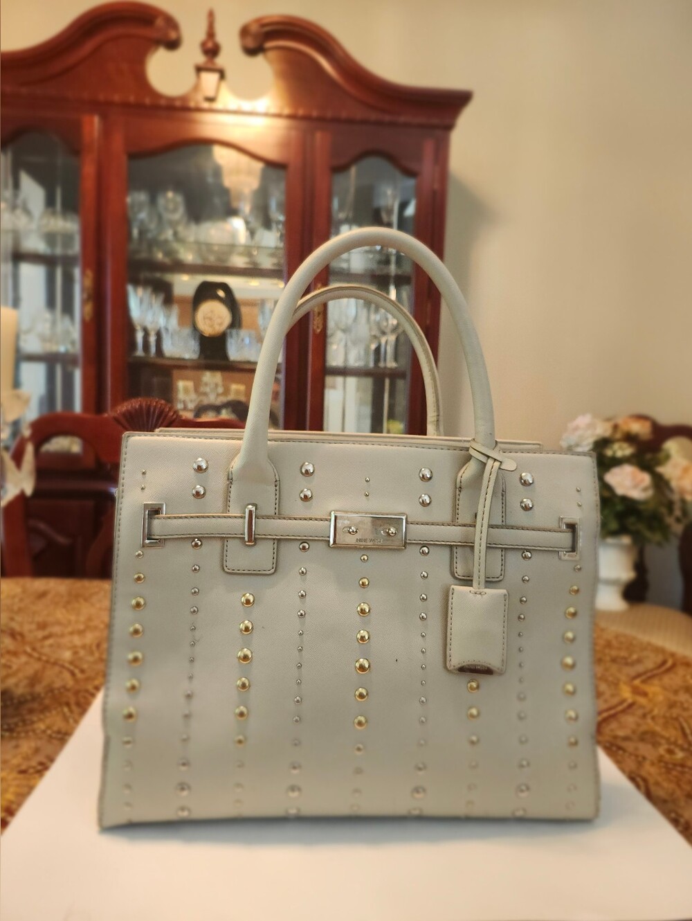 Nine WestStudded Cream Leather Tote Bag with Top Handles